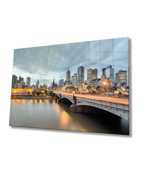 Gün Batımı Şehir Köprü Manzarası Cam Tablo  4mm Dayanıklı Temperli Cam Sunset City Bridge View Glass Painting 4mm Durable Tempered Glass