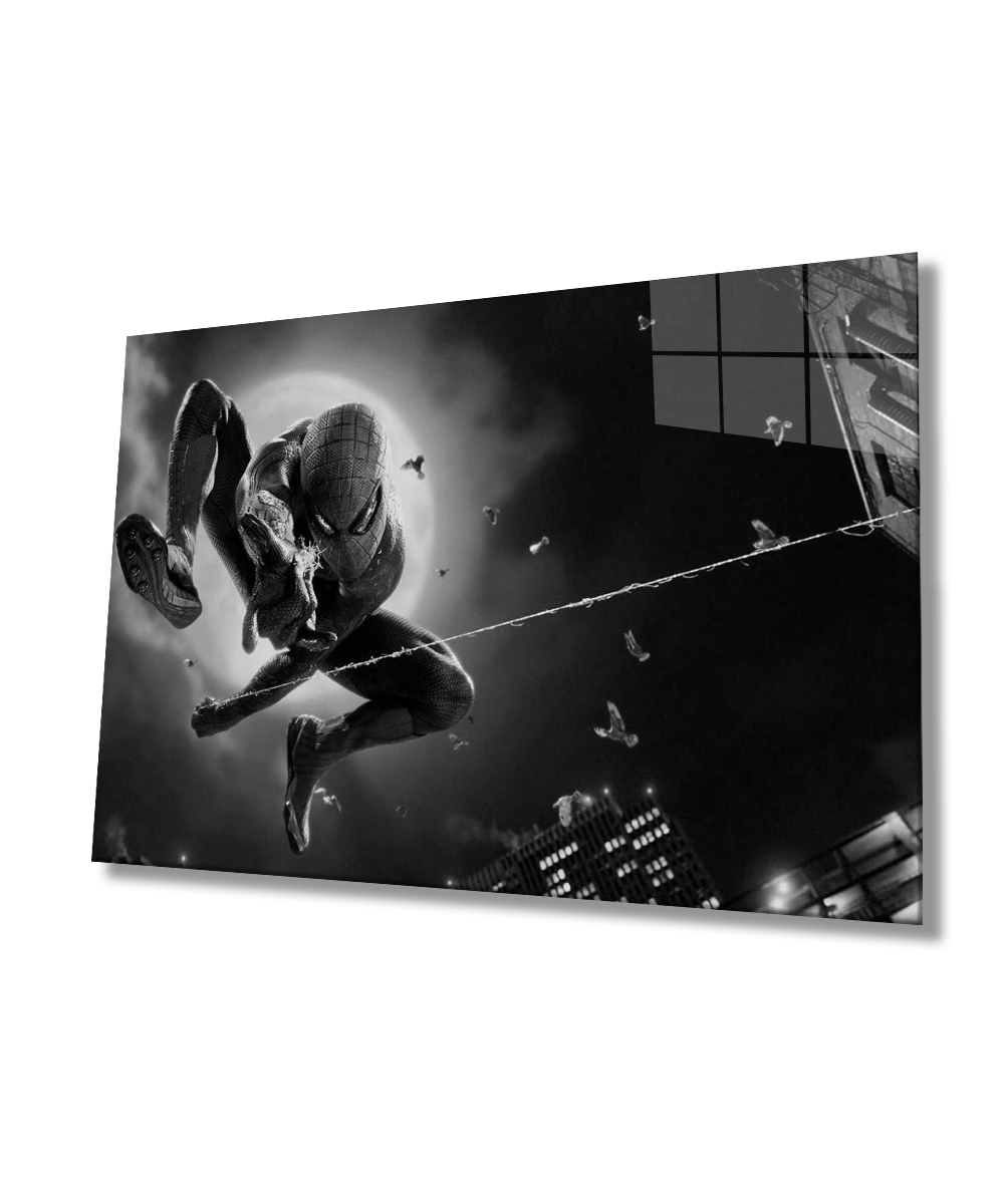Siyah Beyaz Örümcek Adam Cam Tablo  4mm Dayanıklı Temperli Cam  Black and White Spider-Man Glass Wall Art