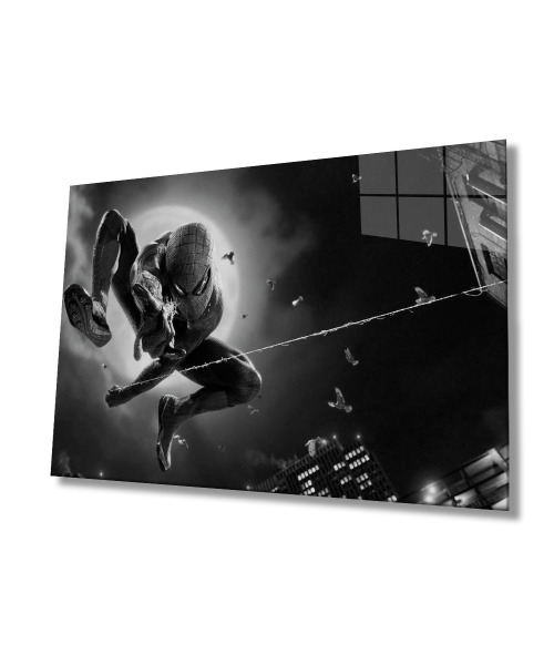 Siyah Beyaz Örümcek Adam Cam Tablo  4mm Dayanıklı Temperli Cam  Black and White Spider-Man Glass Wall Art