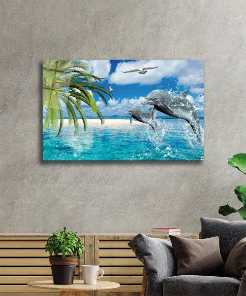 Yunus Balıkları Cam Tablo  4mm Dayanıklı Temperli Cam, Dolphins Glass Wall Art