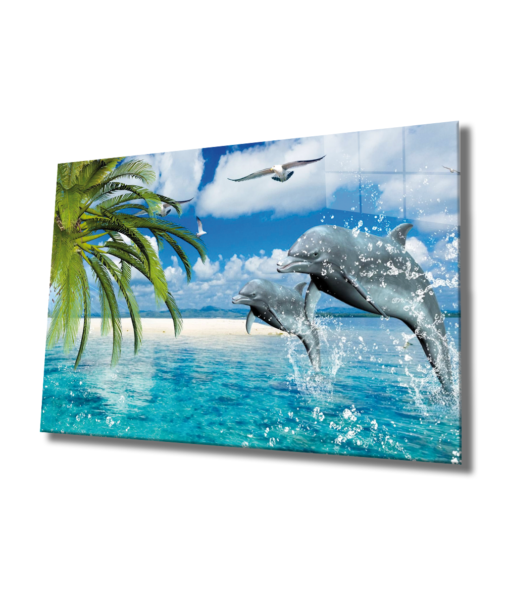 Yunus Balıkları Cam Tablo  4mm Dayanıklı Temperli Cam, Dolphins Glass Wall Art