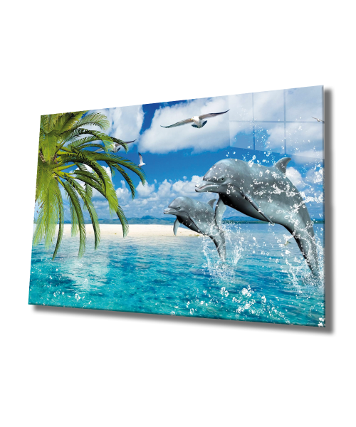 Yunus Balıkları Cam Tablo  4mm Dayanıklı Temperli Cam, Dolphins Glass Wall Art