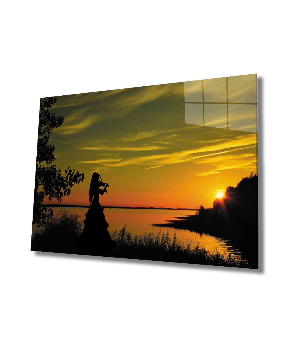 Gün Batımı ve Keman Çalan Kadın Cam Tablo  4mm Dayanıklı Temperli Cam, Sunset and Woman Playing Violin Glass Wall Art