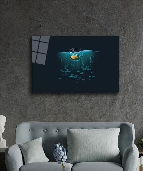 Balık İllüstrasyon Cam Tablo  4mm Dayanıklı Temperli Cam, Fish Illustration Art Glass Wall Decor