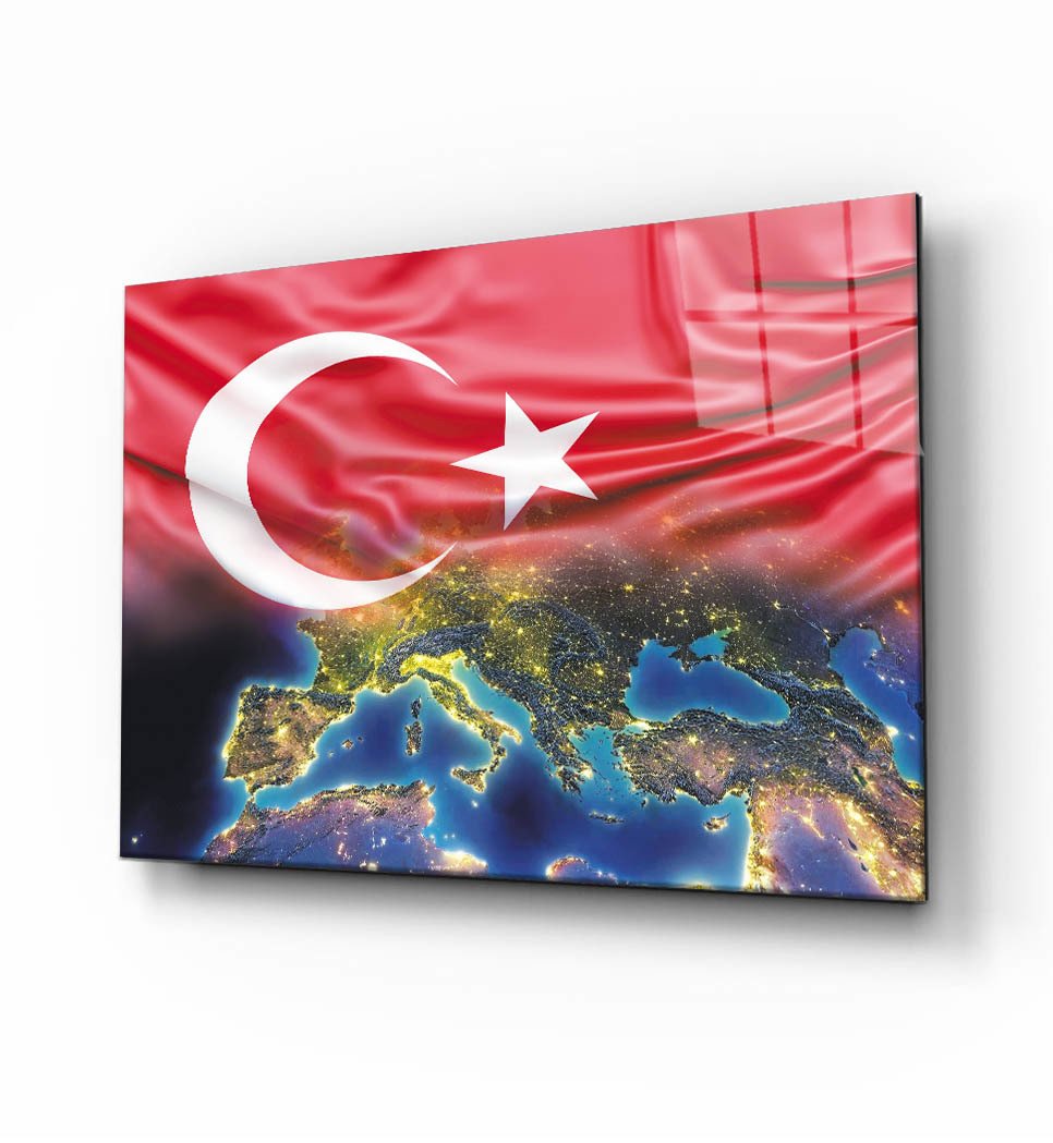 İdealizbiz  Türk Bayrağı ve Dünya Haritası  Cam Tablo  4mm Dayanıklı Temperli Cam