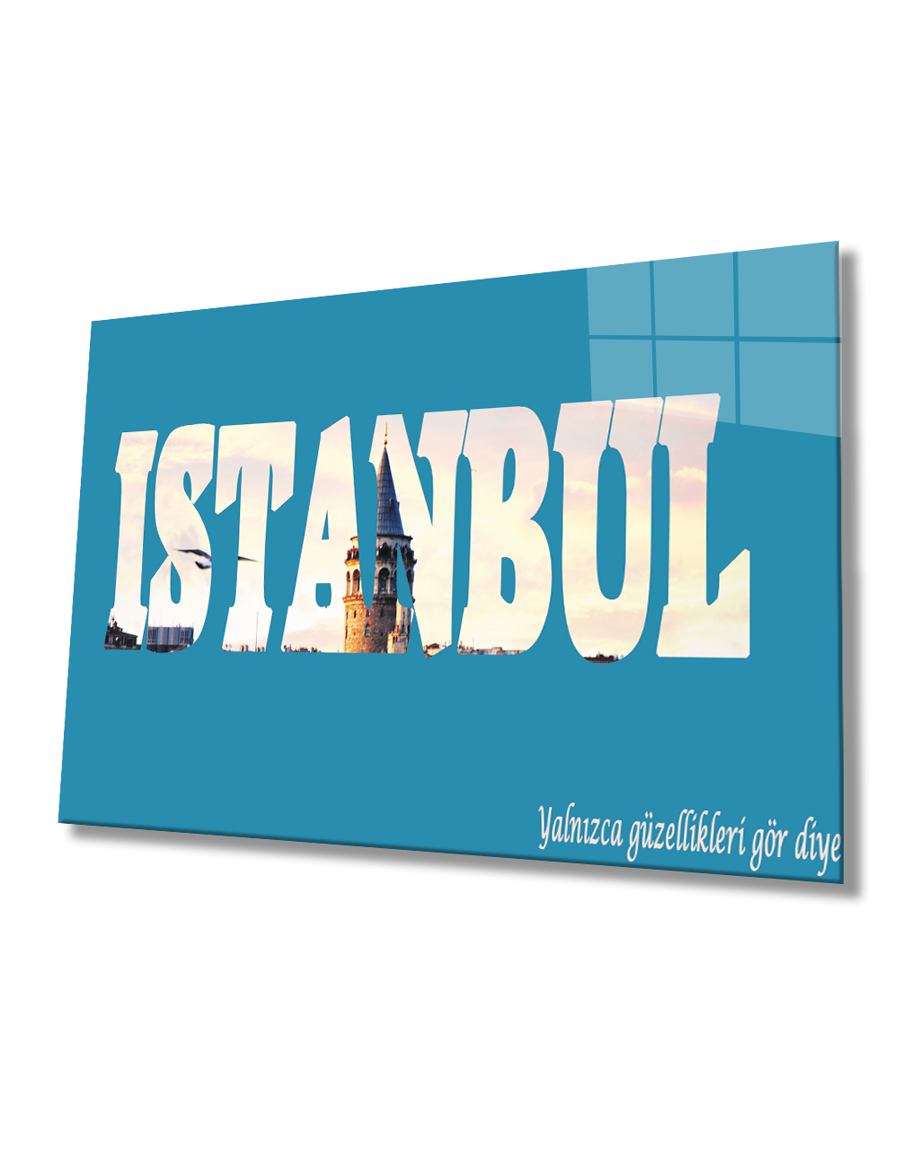 İstanbul Yazılı Mavi Beyaz 4mm Dayanıklı  Cam Tablo Temperli Cam