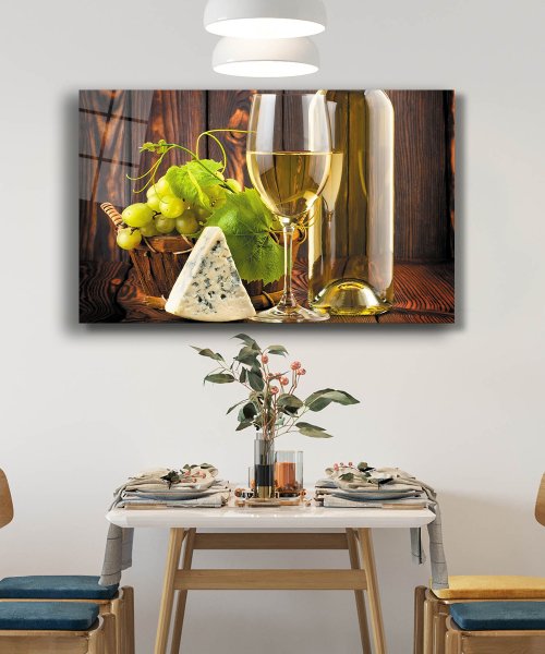 Şarap Peynir Üzüm Mutfak Cam Tablo  4mm Dayanıklı Temperli Cam Wine Cheese Grapes Kitchen Glass Wall Art