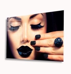 Siyah Makyajlı Kadın Cam Tablo  4mm Dayanıklı Temperli Cam,  Black Makeup Girl Glass Wall Art