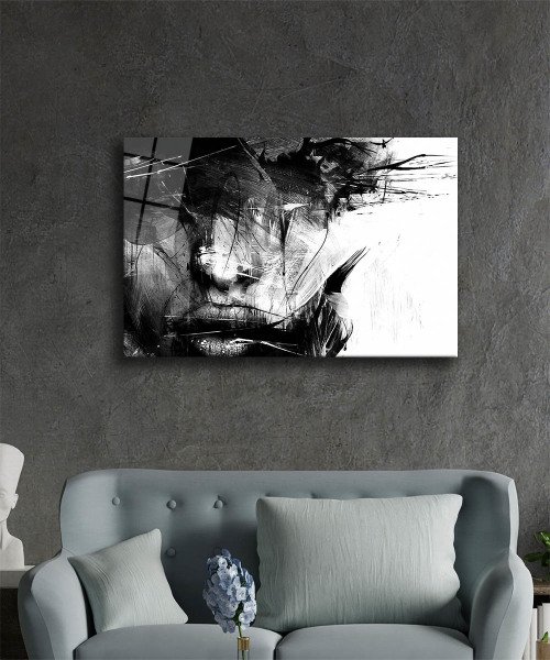 İllüstrasyon Kadın Siyah Beyaz Cam Tablo  4mm Dayanıklı Temperli Cam, Black and White Woman Glass Wall Decor