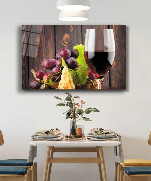 Üzüm Şarap Peynir Mutfak Cam Tablo  4mm Dayanıklı Temperli Cam Grape Wine Cheese Kitchen Glass Wall Art