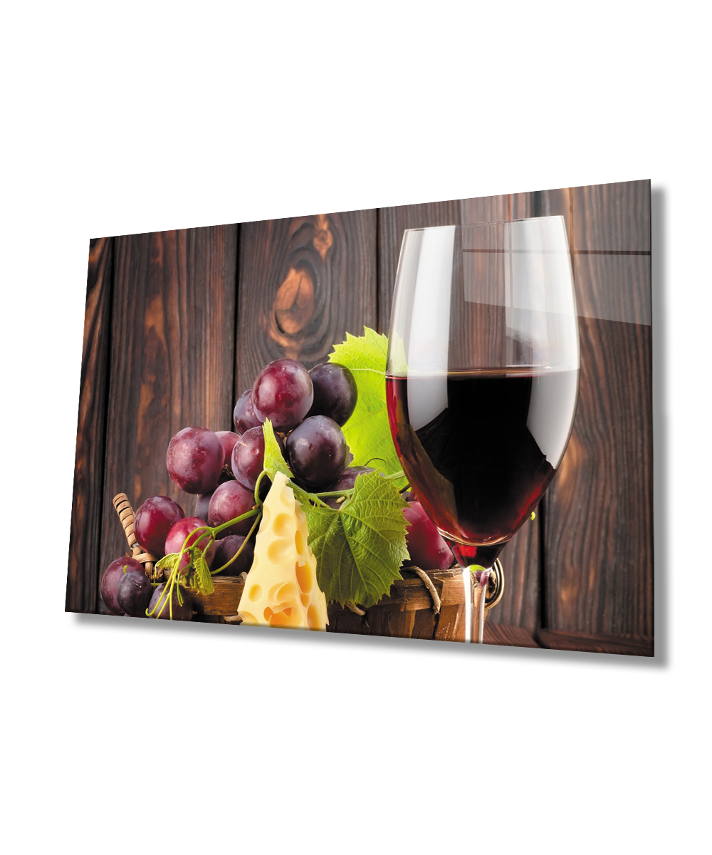 Üzüm Şarap Peynir Mutfak Cam Tablo  4mm Dayanıklı Temperli Cam Grape Wine Cheese Kitchen Glass Wall Art