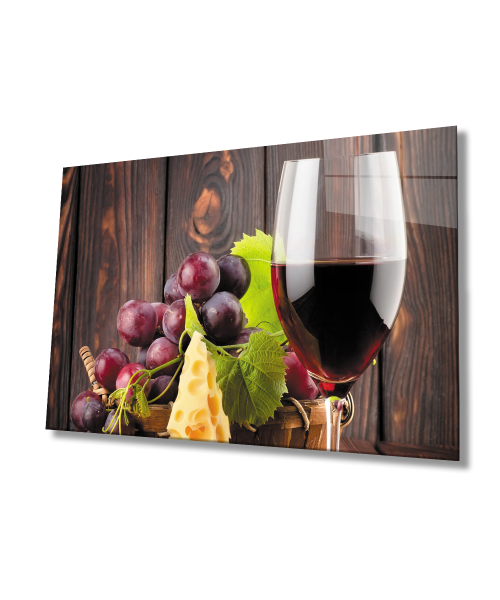 Üzüm Şarap Peynir Mutfak Cam Tablo  4mm Dayanıklı Temperli Cam Grape Wine Cheese Kitchen Glass Wall Art