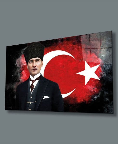 Atatürk ve Türk Bayrağı Cam Tablo 4mm Dayanıklı Temperli Hediyelik Büyük Tablo