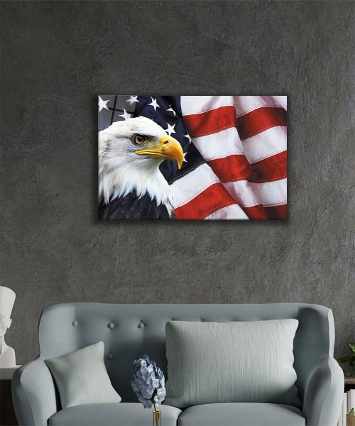 Kartallı Amerika Bayrağı Cam Tablo  4mm Dayanıklı Temperli Cam, American Eagle Flag Glass Wall Art