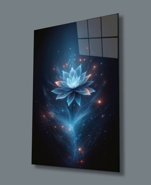 Kozmik Lotus Evrenin Çiçeği Cam Tablo Yapay Zeka Hediyelik Büyük Tablo Ev Ofis Dekoru