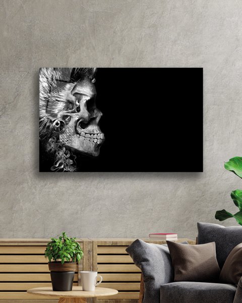 Siyah Beyaz Fütüristik Kurukafa Cam Tablo  4mm Dayanıklı Temperli Cam Black and White Futuristic Skull Glass Wall Art