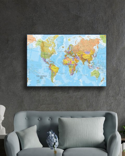 Dünya Haritası 4mm Dayanıklı Cam Tablo Temperli Cam, World Map