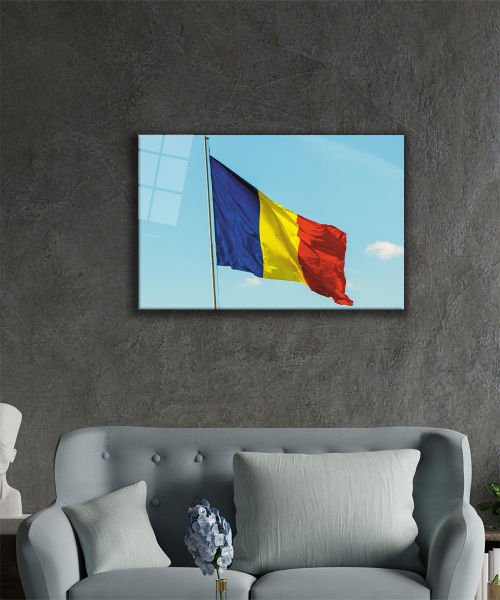 Romanya Bayrağı Cam Tablo  4mm Dayanıklı Temperli Cam, Romanian Flag Glass Wall Art