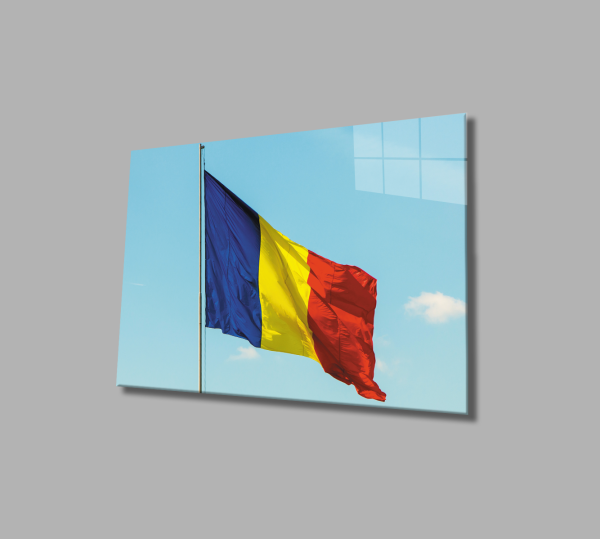 Romanya Bayrağı Cam Tablo  4mm Dayanıklı Temperli Cam, Romanian Flag Glass Wall Art
