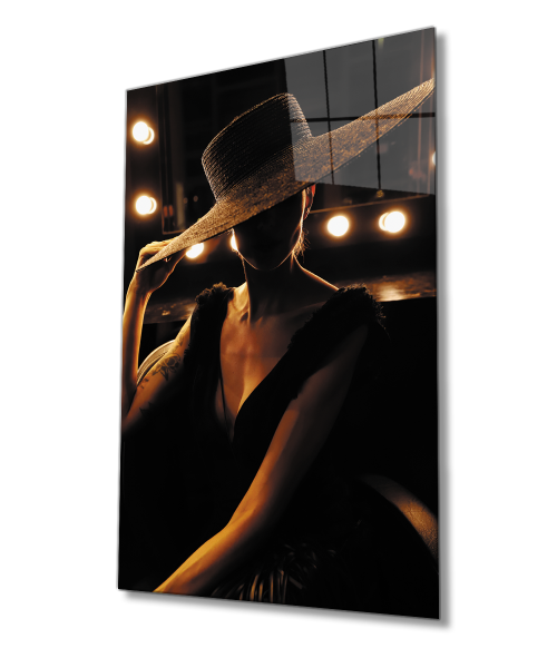 Şapkalı Kadın Cam Tablo  4mm Dayanıklı Temperli Cam, The woman with hat Glass Wall Art