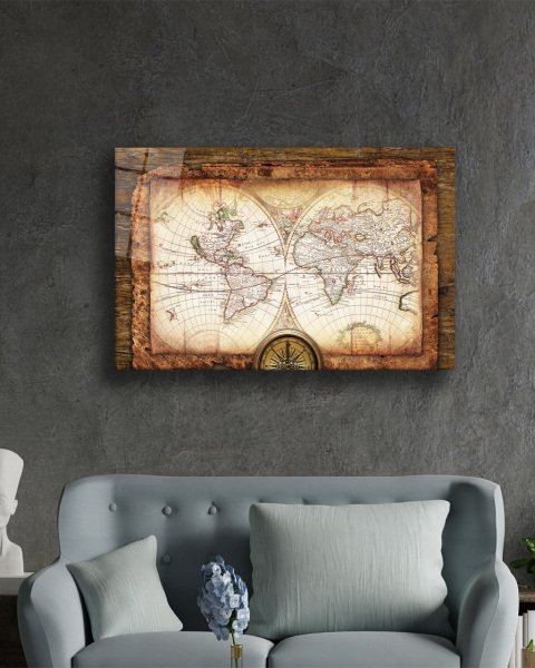 Tahtada Eski Dünya Haritası 4mm Dayanaklı Temperli Cam Tablo - Old Map Wall Decor