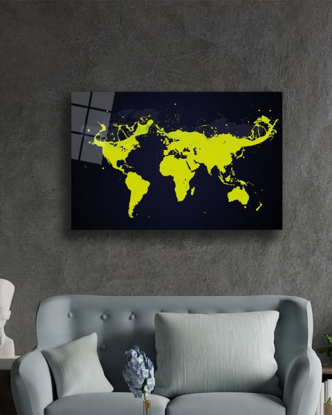 Yeşil Boya Dünya Haritası 4mm Dayanıklı Cam Tablo Temperli Cam, Greed Color World Map