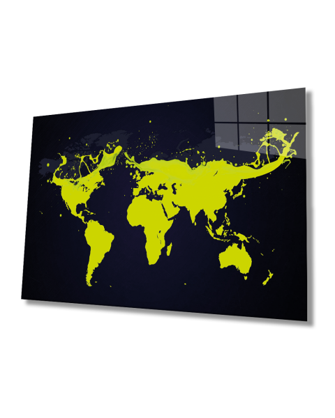 Yeşil Boya Dünya Haritası 4mm Dayanıklı Cam Tablo Temperli Cam, Greed Color World Map