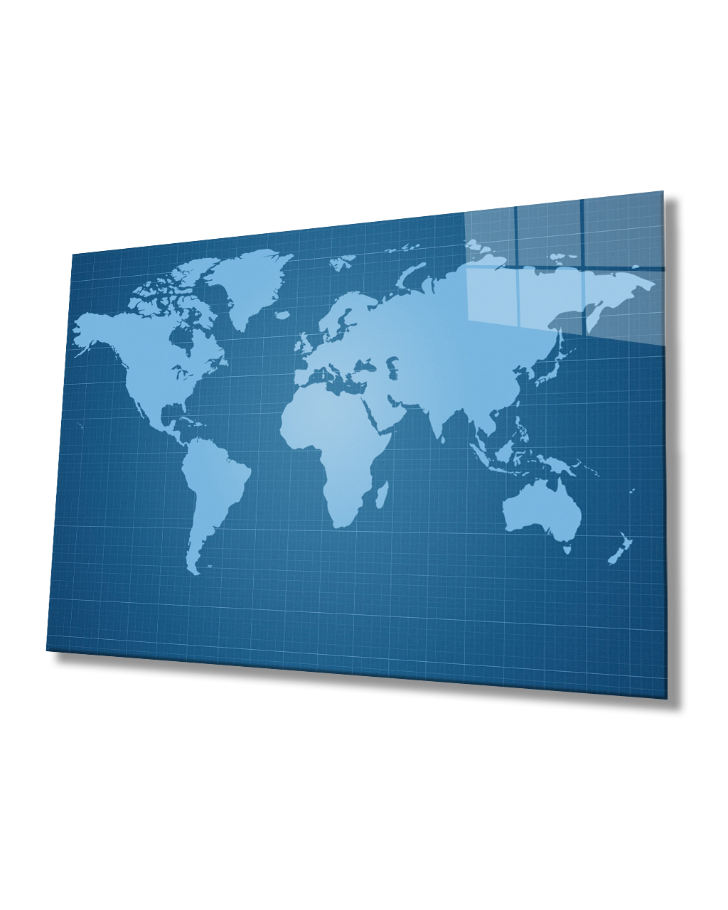 Mavi Dünya Haritası 4mm Dayanıklı Cam Tablo Temperli Cam, Blue World Map