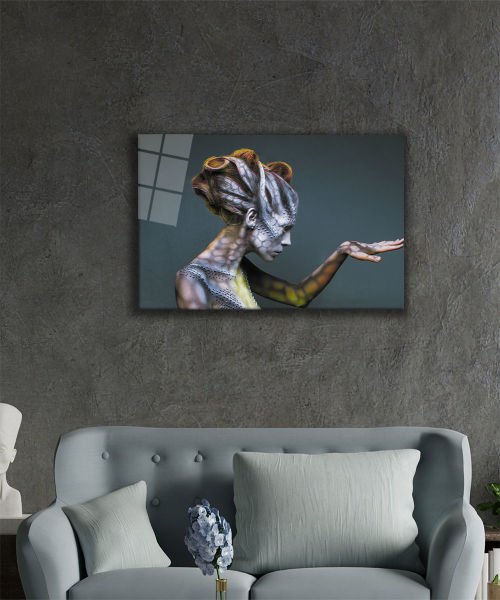 Kadınlar Kertenkele Vucüt Cam Tablo  4mm Dayanıklı Temperli Cam, Women Female Lizard Body Glass Wall Art