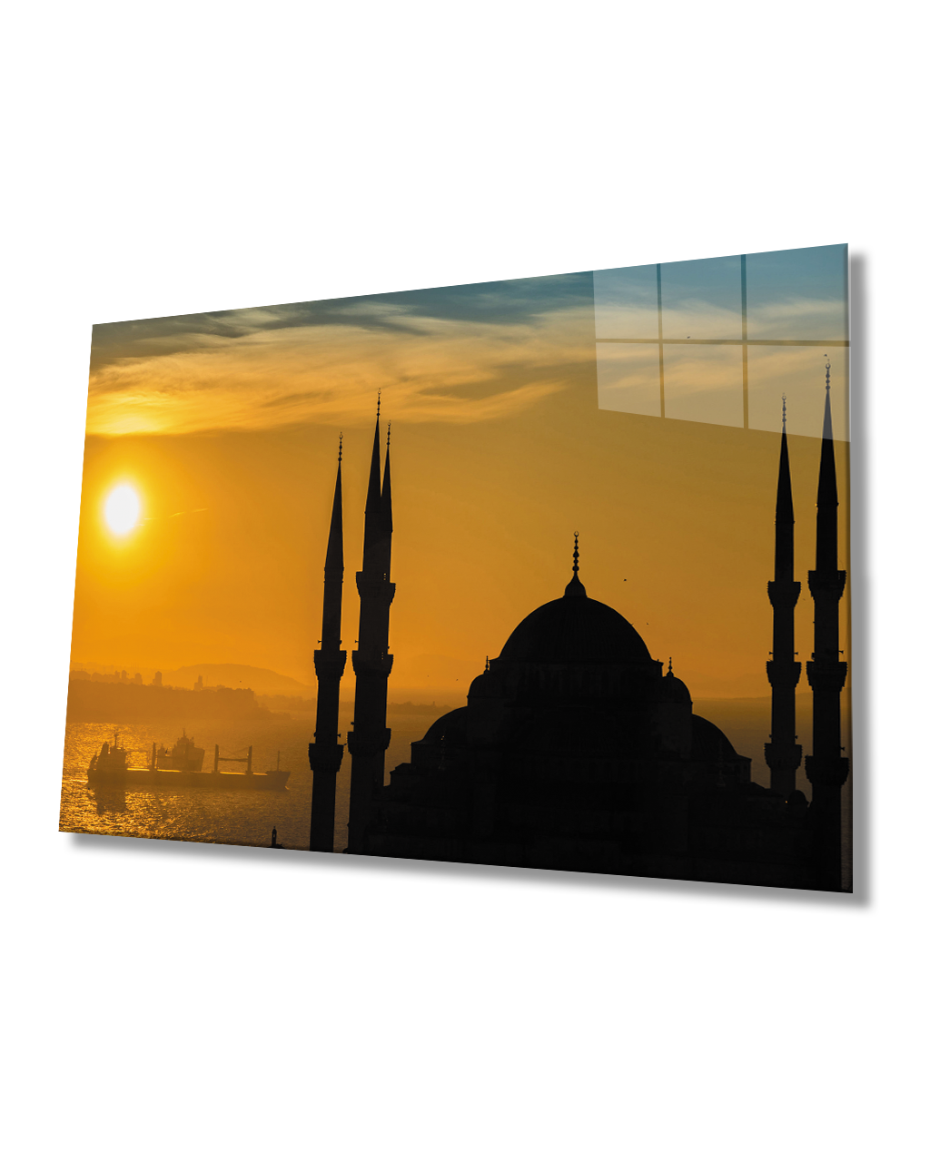 Gün Batımı Cami Deniz Cam Tablo  4mm Dayanıklı Temperli Cam Sunset Mosque Sea Glass Table 4mm Durable Tempered Glass
