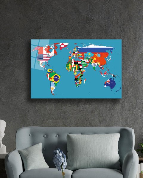 Bayraklar Dünya Haritası 4mm Dayanıklı Cam Tablo Temperli Cam, Flags World Map...