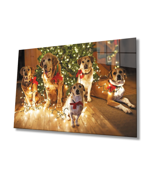 Noel  Ağacı Süslü Köpekler Cam Tablo  4mm Dayanıklı Temperli Cam
