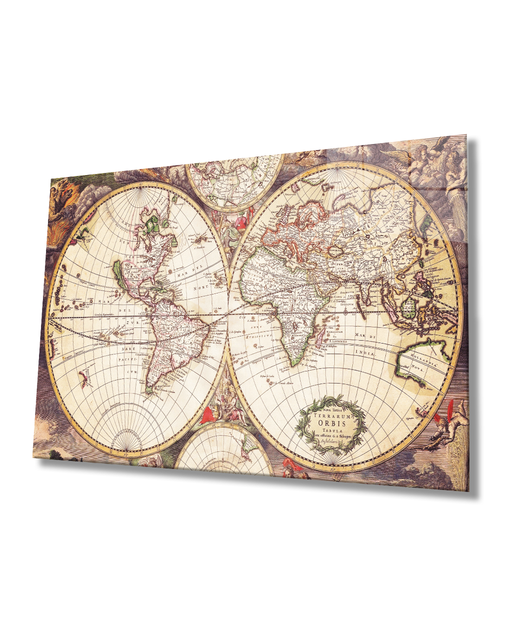 Eski Dünya Haritası 4mm Dayanıklı Cam Tablo Temperli Cam, Old World Map