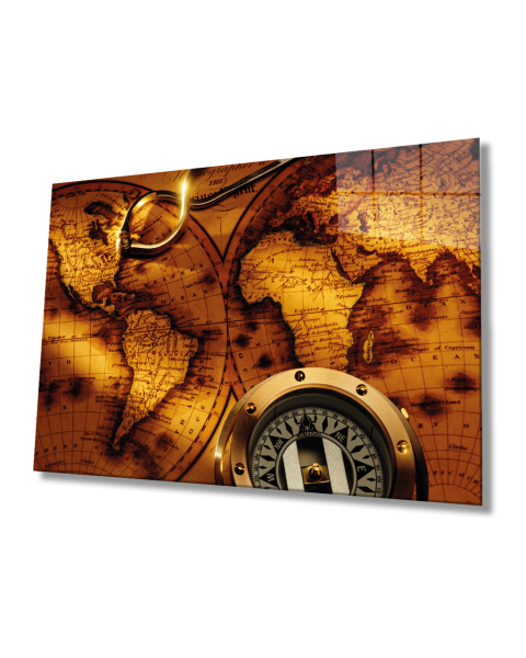 Eksi Dünya Haritası 4mm Dayanıklı Cam Tablo Temperli Cam, Old World Map Glass painting