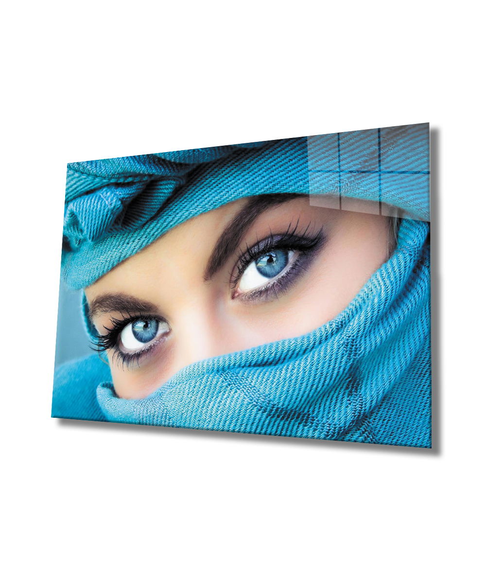 Mavi Gözlü Mavi Peçeli Kadın Cam Tablo  4mm Dayanıklı Temperli Cam,  Blue Eyed Blue Veiled Woman Glass Wall Art