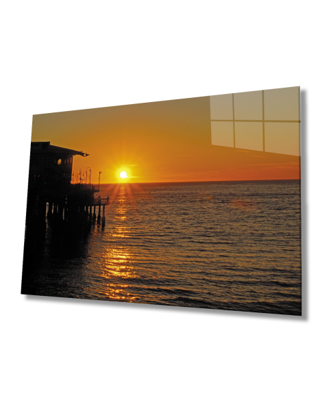 Gün Batımı İskele Kamelya  Deniz Cam Tablo  4mm Dayanıklı Temperli Cam Sunset Pier Camellia Sea Glass Table 4mm Durable Tempered Glass