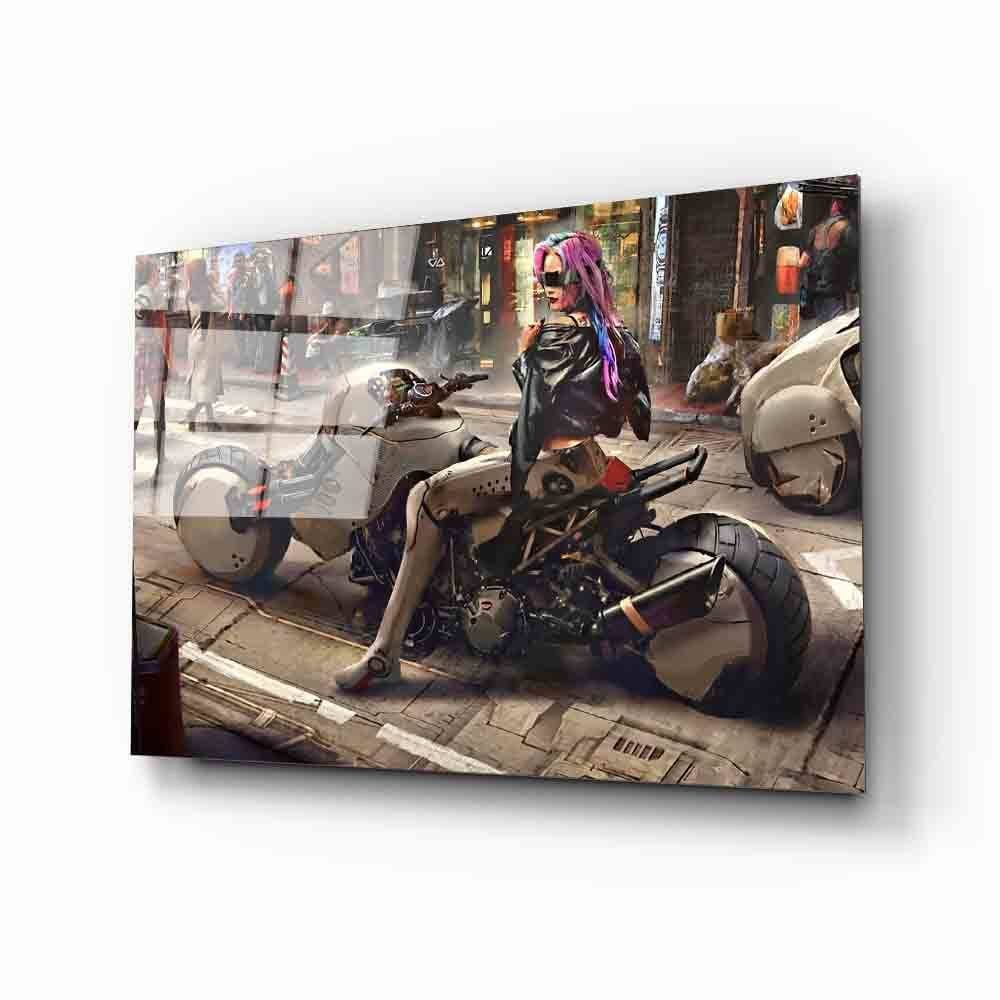 Fütüristik Motosikletli Robot Kız  Cam Tablo