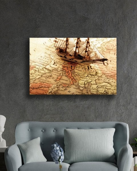 Gemi ve Dünya Haritası 4mm Dayanıklı Cam Tablo Temperli Cam, World Map