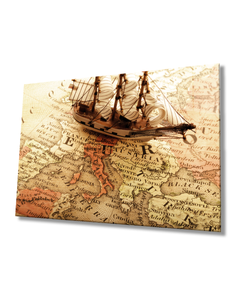 Gemi ve Dünya Haritası 4mm Dayanıklı Cam Tablo Temperli Cam, World Map