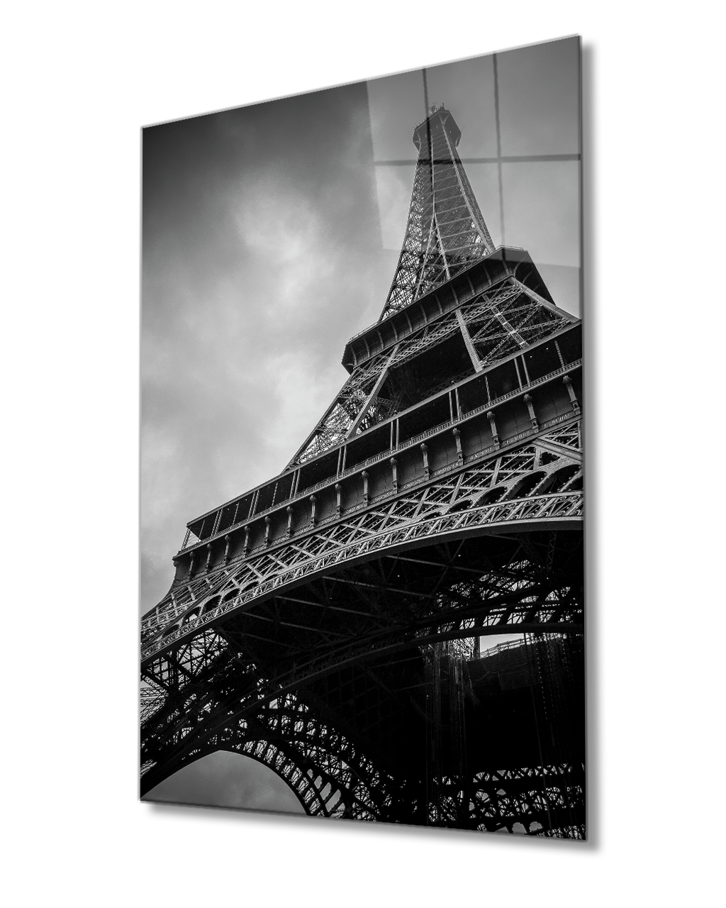 Eyfel Kulesi  Aşağıdan Yukarı Doğru Cam Tablo 4mm Dayanıklı Temperli Cam  Black and White Eiffel Tower Glass Painting