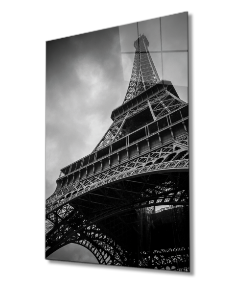 Eyfel Kulesi  Aşağıdan Yukarı Doğru Cam Tablo 4mm Dayanıklı Temperli Cam  Black and White Eiffel Tower Glass Painting