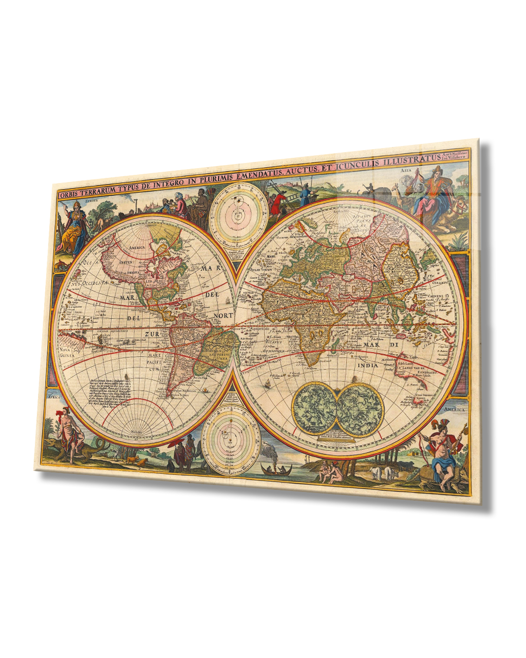 Eski Dünya Haritası 4mm Dayanıklı Cam Tablo Temperli Cam, World Map