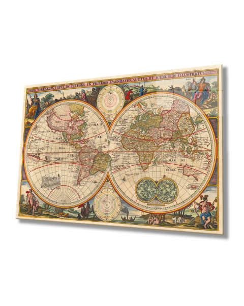 Eski Dünya Haritası 4mm Dayanıklı Cam Tablo Temperli Cam, World Map