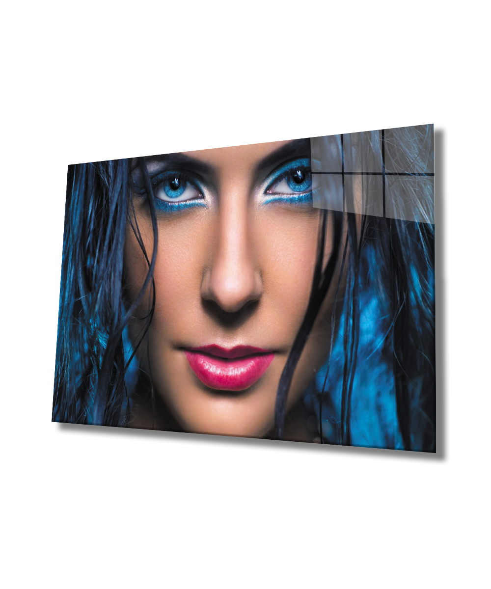 Kadınlar Mavi Göz ve Saç Cam Tablo  4mm Dayanıklı Temperli Cam, Women Blue Eye and Hair