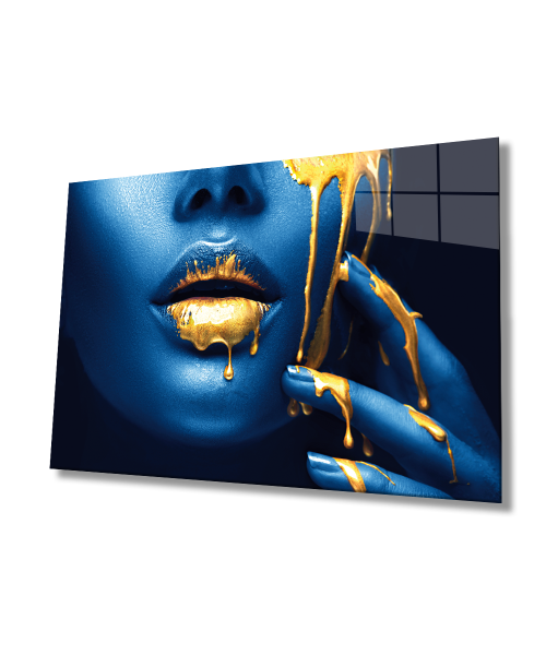 Kadınlar Sarı Dudak Mavi Kadın Cam Tablo 4mm Dayanıklı Temperli Cam, Women Yellow and Lip Glass Wall Art