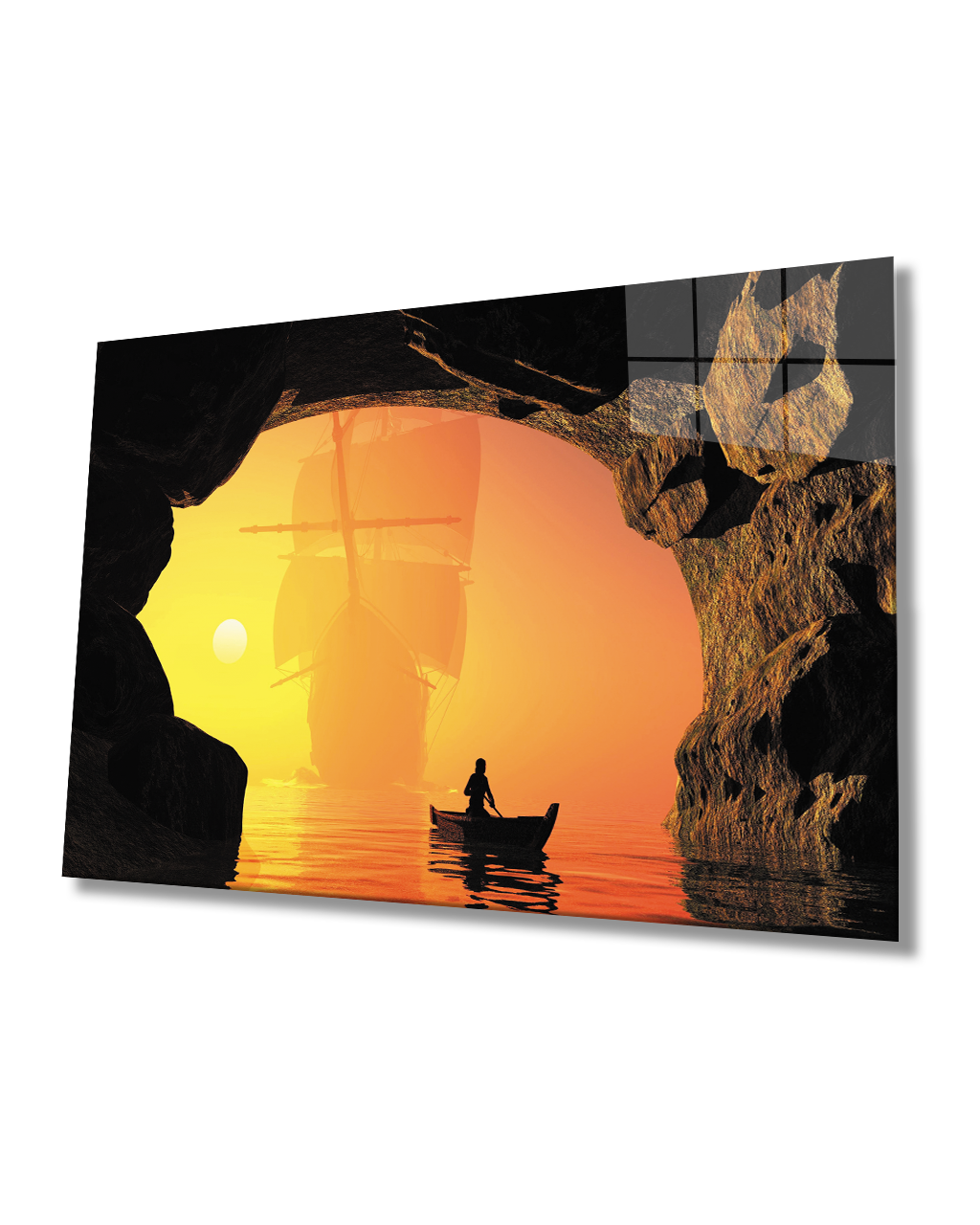 Gün Batımı Kayık Kaya Manzaralı Cam Tablo Sunset Kayak Rock View Glass Table 4mm Durable Tempered Glass  4mm Dayanıklı Temperli Cam
