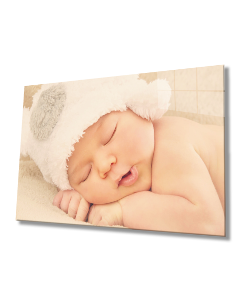 Beyaz Şapkalı Uyuyan Bebek Cam Tablo  4mm Dayanıklı Temperli Cam White Hat Sleeping Baby Glass Table 4mm Durable Tempered Glass