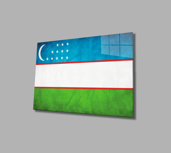Özbekistan Bayrağı Cam Tablo  4mm Dayanıklı Temperli Cam, Uzbekistan Flag Glass Wall Art