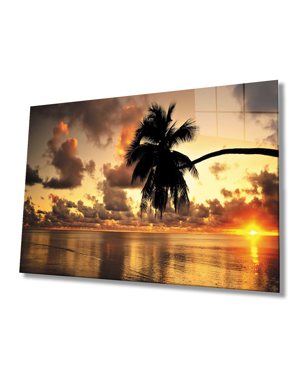 Gün Batımı Palmiye Deniz Manzarası Cam Tablo  4mm Dayanıklı Temperli Cam Sunset Palm Seascape Glass Table 4mm Durable Tempered Glass