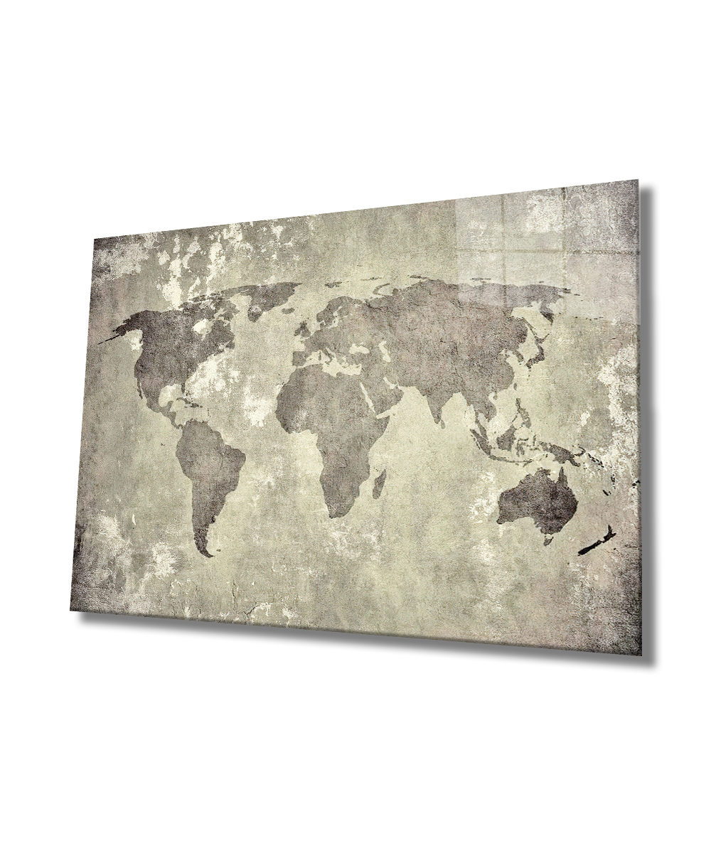 Gri Eskitme Dünya Haritası 4mm Dayanıklı Cam Tablo Temperli Cam, World Map Glass Wall Art